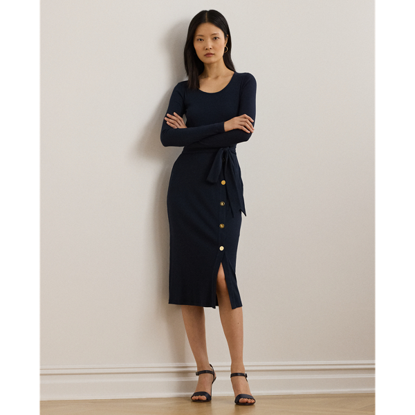 Lauren Navy Belted Rib-Knit Dress Lauren Petite 1