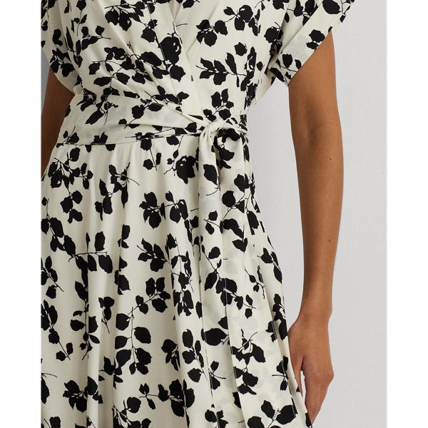 Cream/Black Leaf-Print Belted Crepe Dress Lauren Petite 6