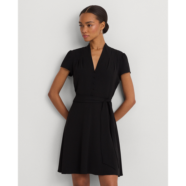 Black Belted Georgette Short-Sleeve Dress Lauren Petite 1