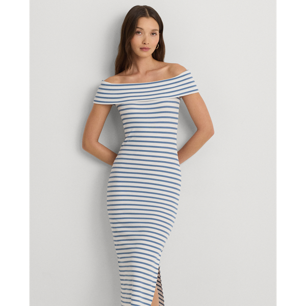 White/Pale Azure Striped Off-the-Shoulder Midi Dress Lauren Petite 4