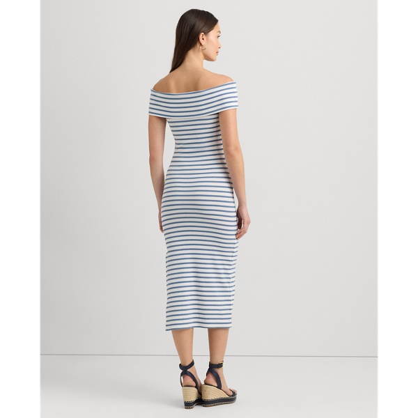 White/Pale Azure Striped Off-the-Shoulder Midi Dress Lauren Petite 5