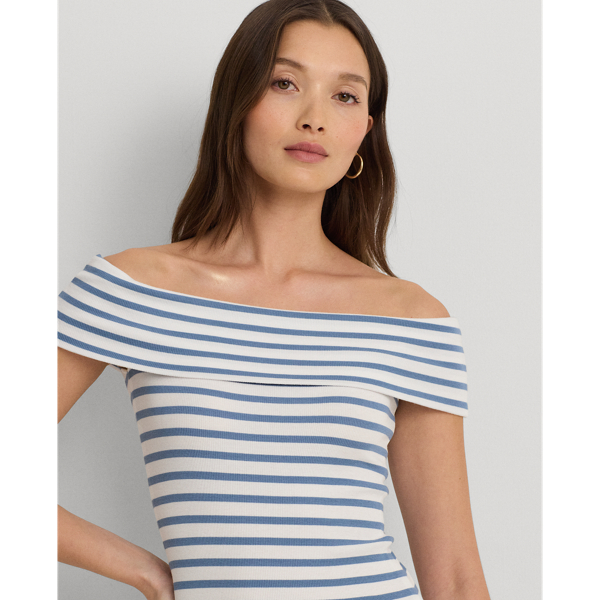 White/Pale Azure Striped Off-the-Shoulder Midi Dress Lauren Petite 6