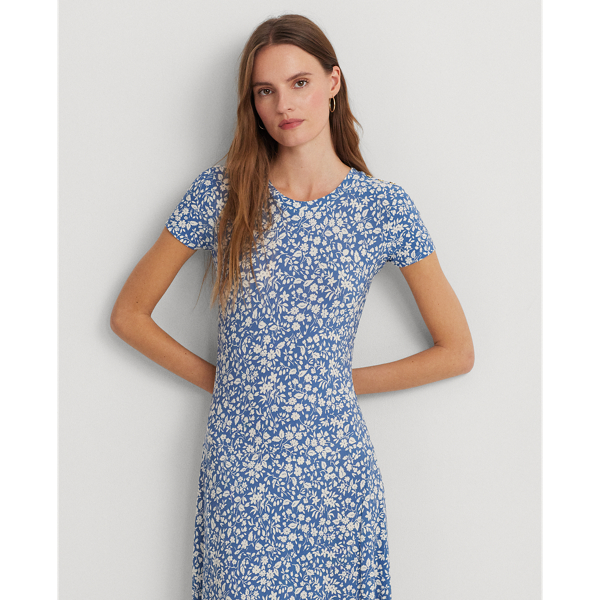 Blue/Cream Floral Stretch Jersey Tee Dress Lauren Petite 4