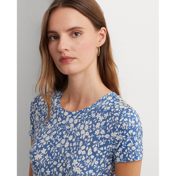Blue/Cream Floral Stretch Jersey Tee Dress Lauren Petite 6