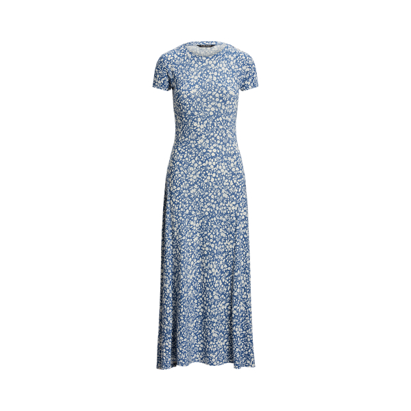 Blue/Cream Floral Stretch Jersey Tee Dress Lauren Petite 2