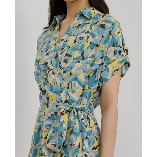 Abito in cr&ecirc;pe a fiori con cintura Lauren Petite in Panna multicolore 6