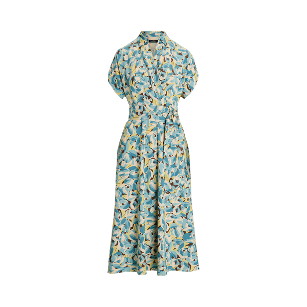Abito in cr&ecirc;pe a fiori con cintura Lauren Petite in Panna multicolore 2