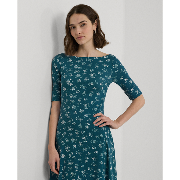 Robe mi-longue fleurie en coton stretch Lauren Petite en Indigo multi 4