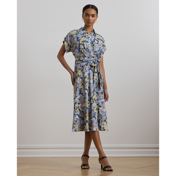 Blue Multi Geblümtes Crêpe-Kleid mit Gürtel Lauren Petite 1