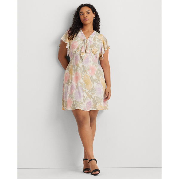 Floral Bubble Crepe Tie-Neck Dress