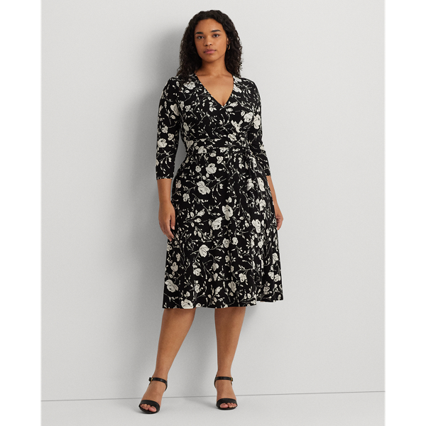 Black/Cream Floral Surplice Jersey Dress Lauren Woman 1