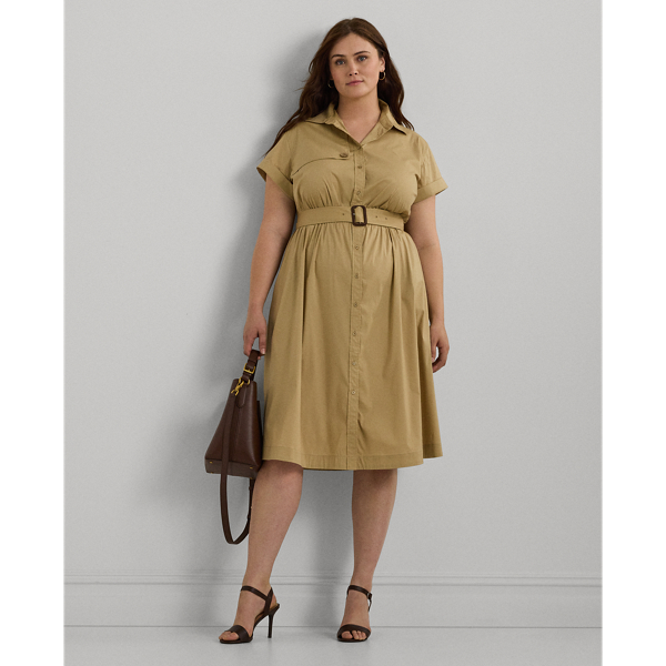 Birch Tan Belted Stretch-Cotton Blend Shirtdress Lauren Woman 1