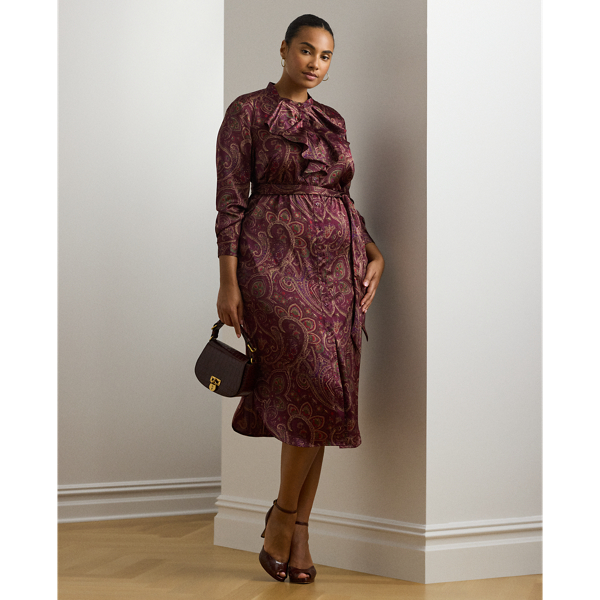 Burgundy Multi Paisley Ruffle-Trim Charmeuse Shirtdress Lauren Woman 1