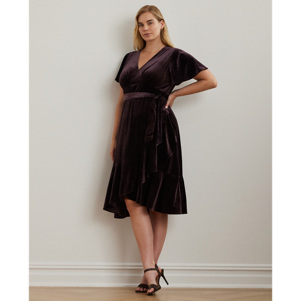 Royal Claret Velvet Belted Velvet Flutter-Sleeve Dress Lauren Woman 1