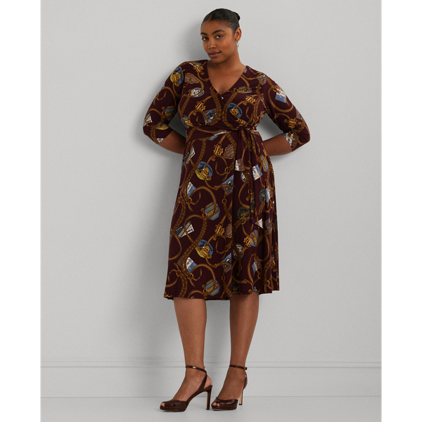 Burgundy Multi Belting-Print Surplice Jersey Dress Lauren Woman 1