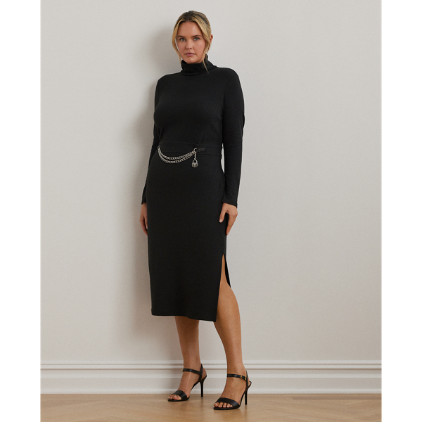 Black Chain-Trim Rib-Knit Turtleneck Dress Lauren Woman 1