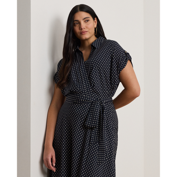 Polka-Dot Belted Crepe Dress