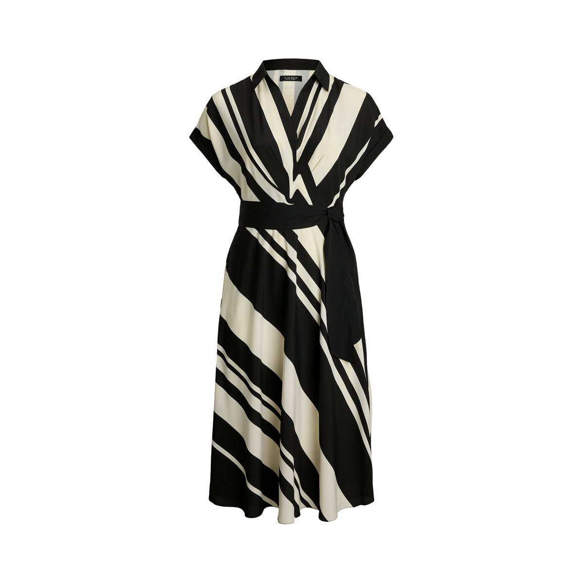 Striped Belted Crepe Dress