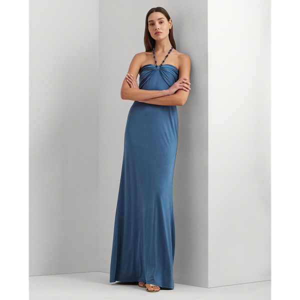 Bead-Trim Jersey Halter Gown