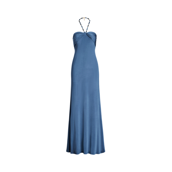 Bead-Trim Jersey Halter Gown Lauren 1