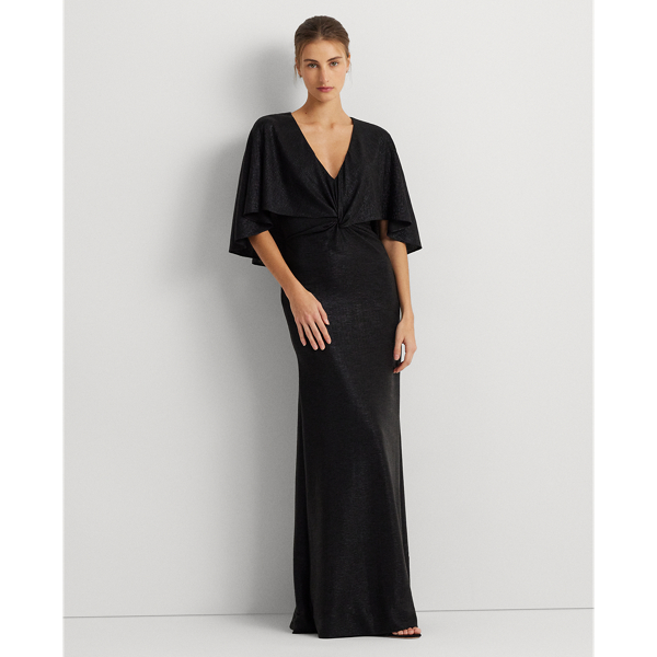 Black Metallic Knit Twist-Front Cape Gown Lauren 1