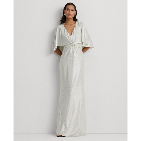 Metallic Knit Twist-Front Cape Gown