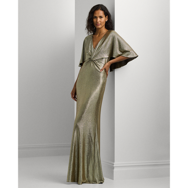 Metallic Knit Twist Front Cape Gown