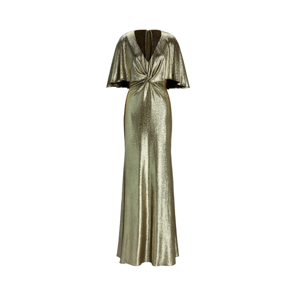 Metallic Knit Twist-Front Cape Gown Lauren 1