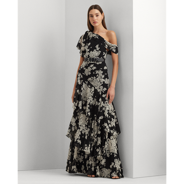 Black/Cream Floral Georgette One-Shoulder Gown Lauren 1