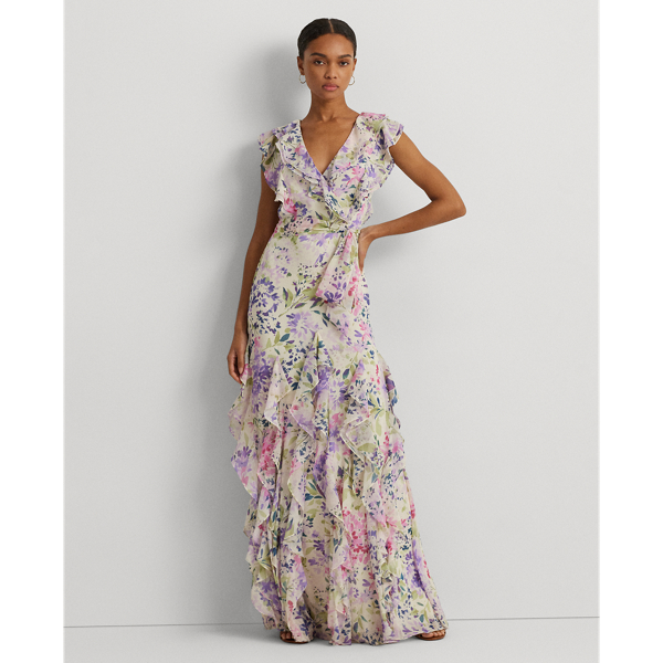 Floral Ruffle-Trim Georgette Gown