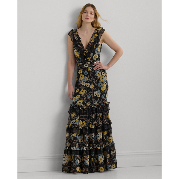 Black Multi Floral Ruffle-Trim Georgette Gown Lauren 1