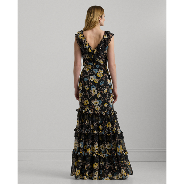 Floral Ruffle Trim Georgette Gown