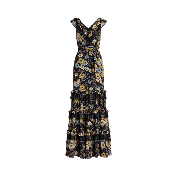 Floral Ruffle-Trim Georgette Gown