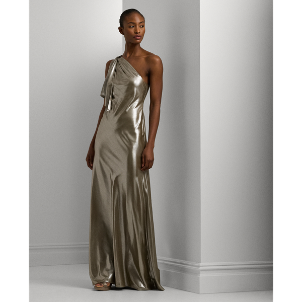 Metallic Chiffon One Shoulder Gown