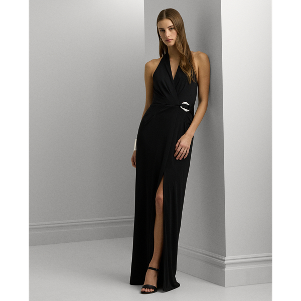 Buckle-Trim Stretch Jersey Halter Gown