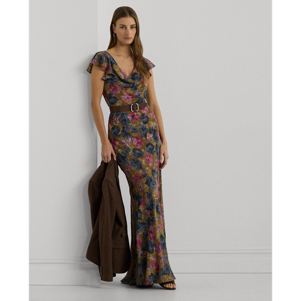 Floral Foiled Jacquard Cowlneck Gown