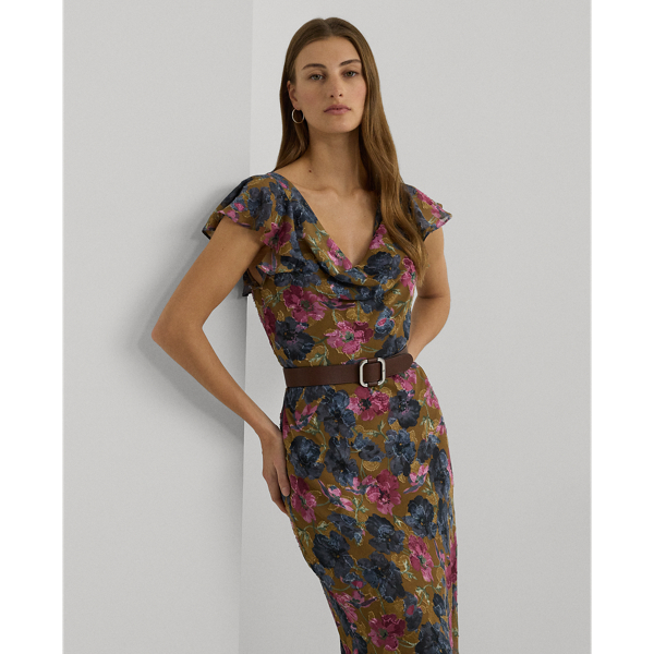 Floral Foiled Jacquard Cowlneck Gown