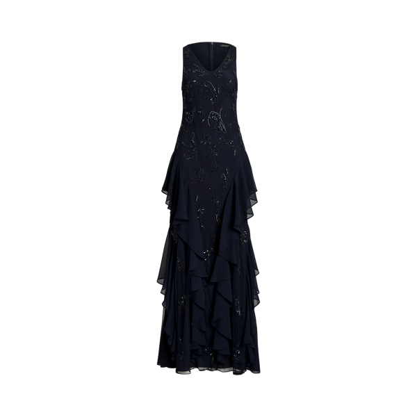 Vestido noite s/mangas c/contas e folhos Lauren em 1