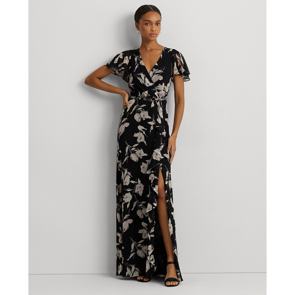 Black Multi Floral Belted Flutter-Sleeve Gown Lauren 1