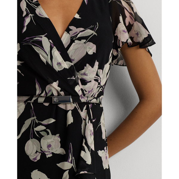 Black Multi Floral Belted Flutter-Sleeve Gown Lauren 6