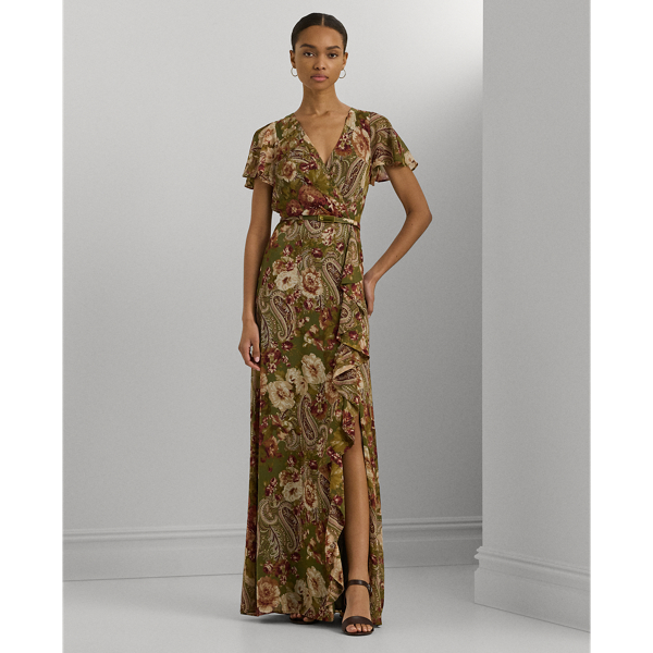 Olive Multi Floral Belted Flutter-Sleeve Gown Lauren 1