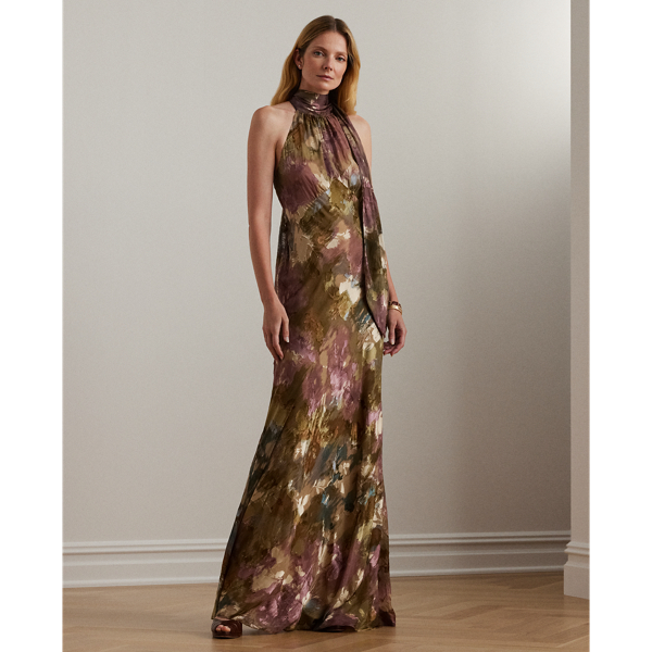 Tan Multi Floral Burnout Satin Halter Gown Lauren 1