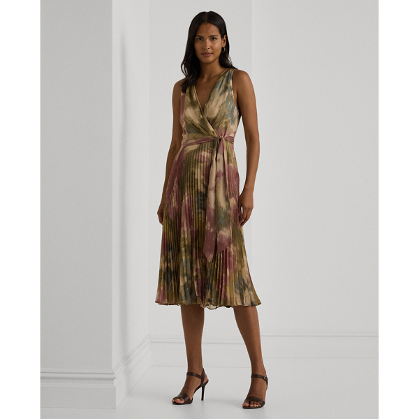 Tan Multi Floral Metallic Chiffon Cocktail Dress Lauren 1