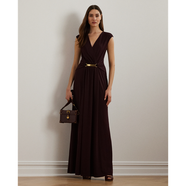 Buckle-Trim Jersey Surplice Gown