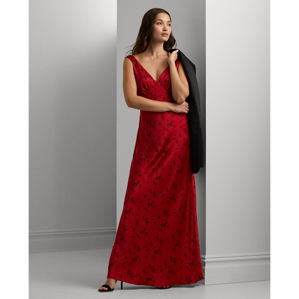 Black/Red Floral Satin Charmeuse Cowlback Gown Lauren 1