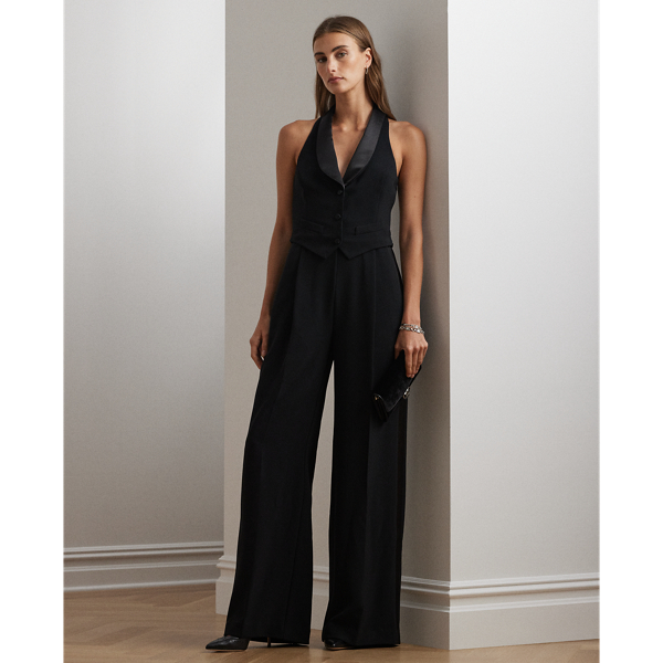 Black Satin-Trim Crepe Sleeveless Jumpsuit Lauren 1