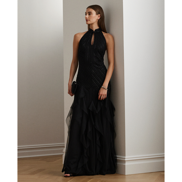 Black Ruffle-Trim Beaded Mesh Halter Gown Lauren 1