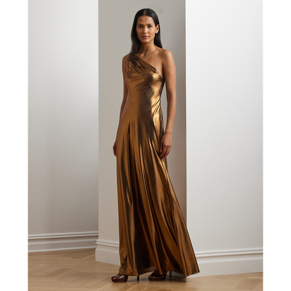 Metallic Chiffon One Shoulder Gown