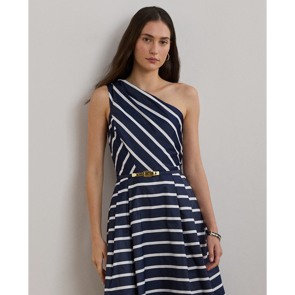 送料関税無【LAUREN RALPH LAUREN】STRIPED COCKTAIL DRESS Striped Belted Taffeta Cocktail Dress
