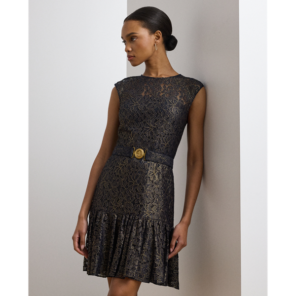Belted Metallic Lace Cocktail Dress